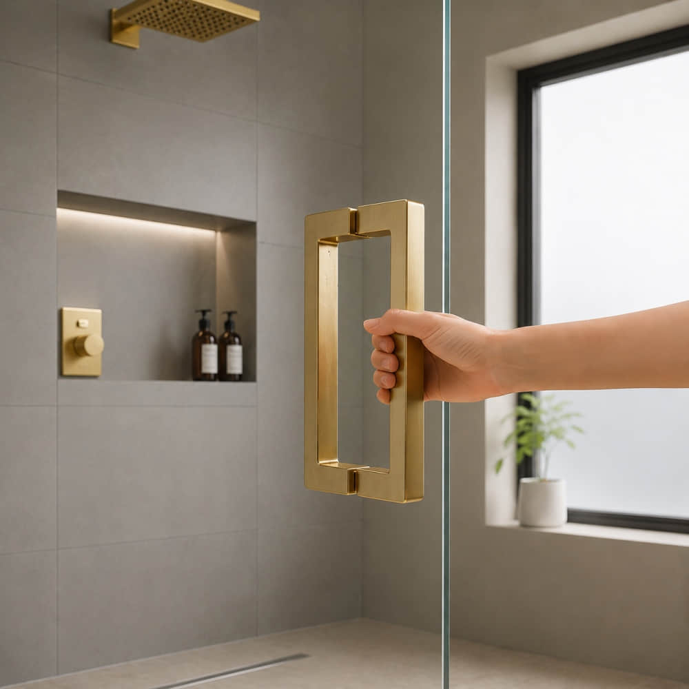 304 Stainless Steel Square Glass Door Pull Handle in Brushed Gold installation 304 Stainless Steel Square Glass Door Pull Handle in Brushed Gold installation